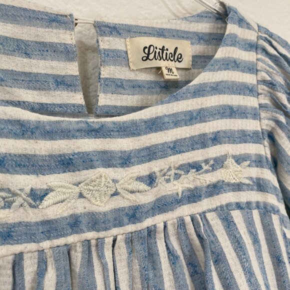 Listicle Medium Blue and White Flutter Sleeve Blouse Cotton Linen Embroidered - Picture 5 of 9